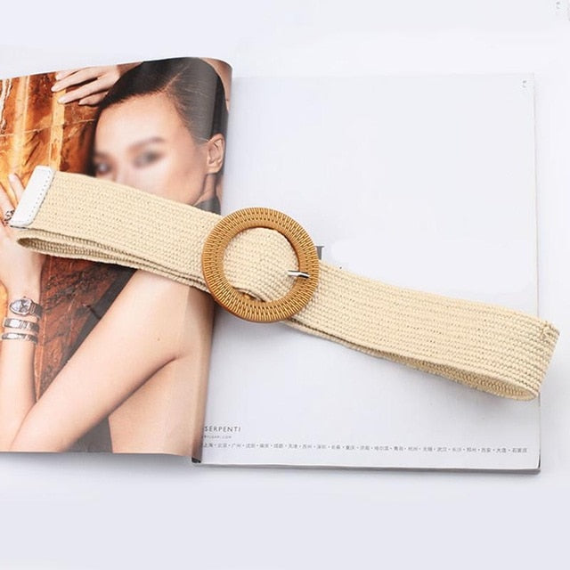 Cinturón de cintura trenzado Boho Vintage, cinturón de verano sólido para mujer, cinturones anchos de paja falsa de madera redonda con hebilla suave para mujer, gran oferta