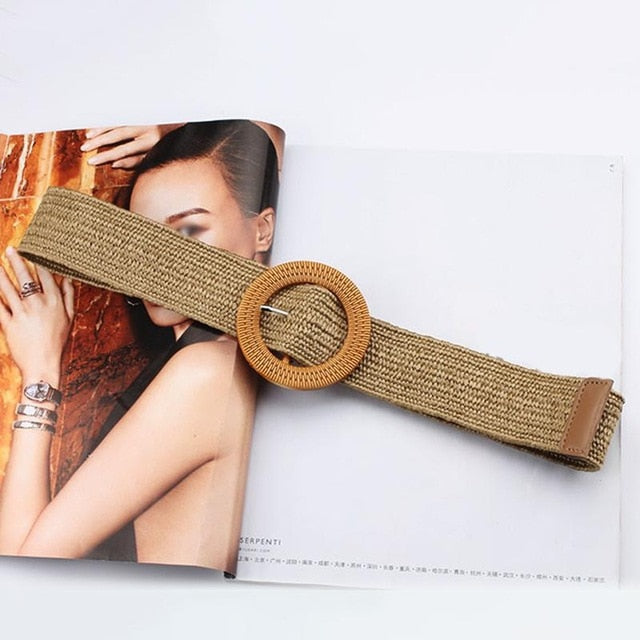 Cinturón de cintura trenzado Boho Vintage, cinturón de verano sólido para mujer, cinturones anchos de paja falsa de madera redonda con hebilla suave para mujer, gran oferta