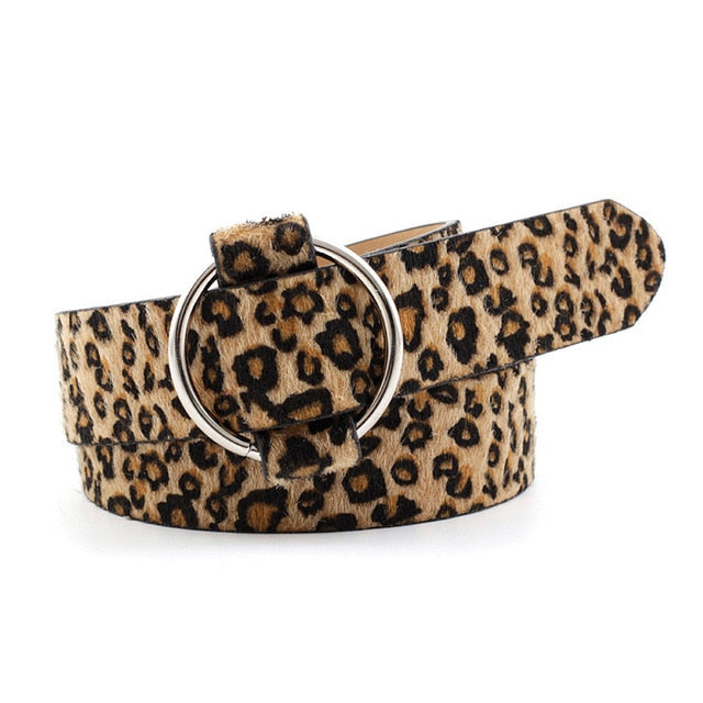 Hebilla circular para mujer Cinturón de cuero PU no poroso Estampado de leopardo Patrón de piel de serpiente Patrón de cebra Cintura de moda para estudiantes adolescentes 92